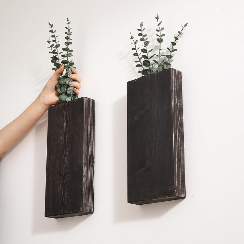 GRID FORTE Wood Wall Planter Set of 2, Wood Wall Pocket for Greenery and Dried Flowers, Indoor Wood Hanging Vase Modern Farmhouse Wall Decor for Living Room Bedroom Office Eucalyptus Stems Decorations (Expresso) - Image 5